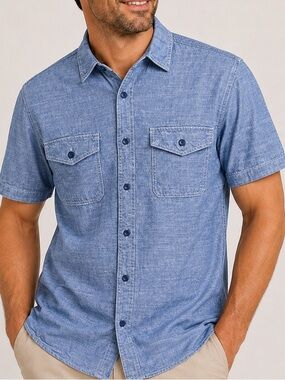 Woolrich Short-Sleeve Chambray Button-Down Shirt in Light Blue